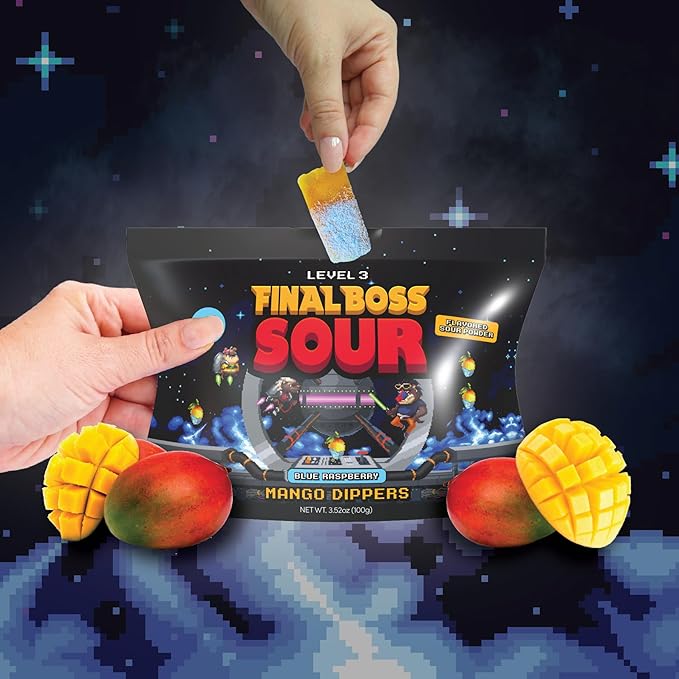 Final Boss Sour Candy, Fun Dip, Extreme Super Sour Blue Raspberry Powder with Real Candy-Tasting Dried Mangoes, (3.5 Ounces Bags, Pack of 4 Bags) - Vintage Old School 80s and 90s Party Candy