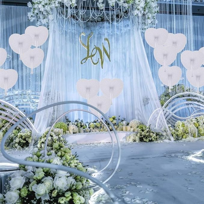 150 Packs Decorative Paper Folding Hand Fans Handheld,White Heart Wedding Foldable Fans Chinese and Japanese Fans Bulk for Bridal Guest Church Party Favors Dancing Birthday DIY