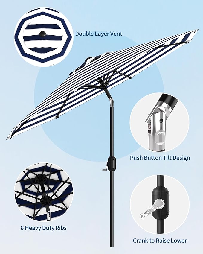 9FT Patio Umbrella Outdoor, Market Umbrella, Table Umbrella with Push Button Tilt and Crank, 8 Sturdy Ribs UV Protection Waterproof for Garden, Pool, Deck, Backyard (Light-blue-and-white striped)