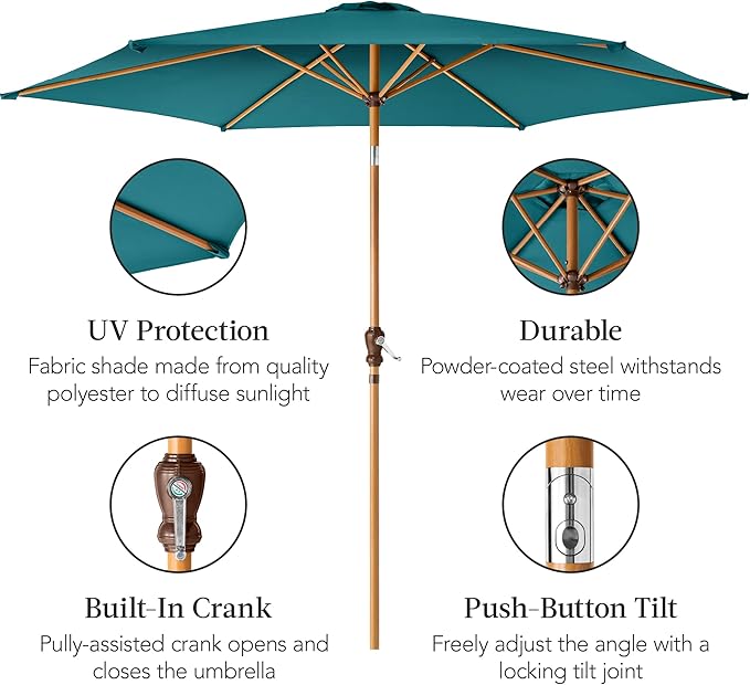 Best Choice Products 10ft Market Umbrella, Outdoor Sun Shade for Backyard, Deck, Poolside, Table w/Woodgrain Pattern, Easy Tilt & Crank - Cerulean