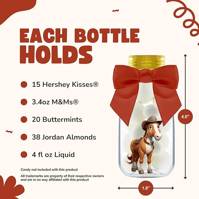 Small 12 Pack Horse Party Favors - DIY Candy Jars with Ribbons and Stickers - Cowboy Party Decoration Bottles for Birthday, School Classroom, and Baby Shower - Horse Racing Table Centerpiece