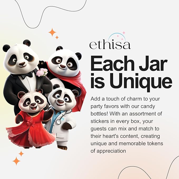 Small 12 Pack Panda Party Favors - DIY Candy Jars with Ribbons and Stickers - Party Decoration Bottles for Birthday, School Classroom, and Baby Shower - Panda Table Centerpieces for Kids