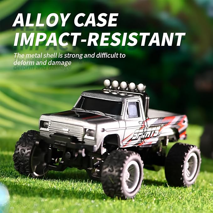 Mini Monster Truck, 1:64 Scale Remote Control Car with Lights, 2.4GHz Off-Road RC Truck, USB Rechargeable RC Car with Adjustable Speed for Kids Indoor & Outdoor Racing (Blue)
