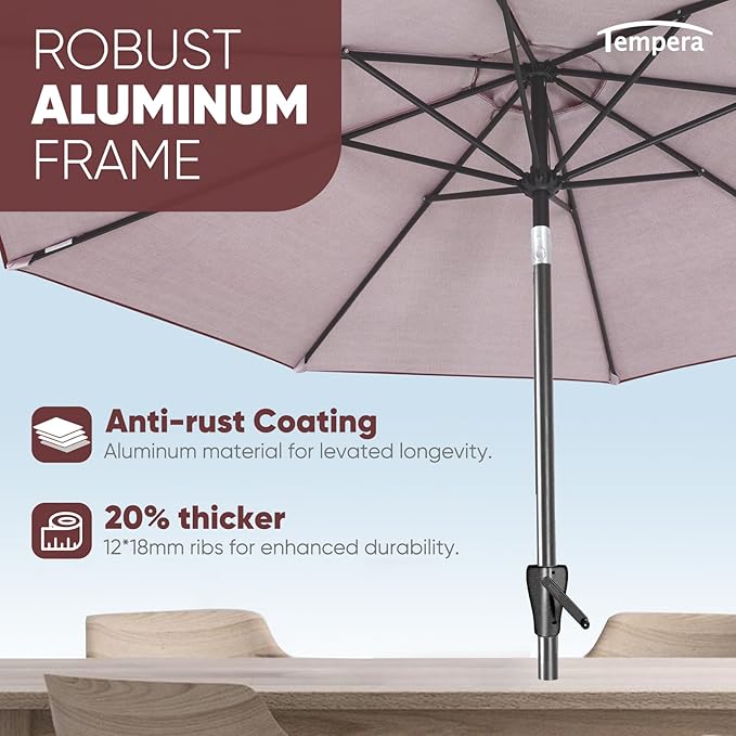 Tempera Patio Market Outdoor Table Umbrella with Push Button Tilt and Crank,Large Sun Umbrella with Sturdy Pole&Fade resistant canopy,Easy to set