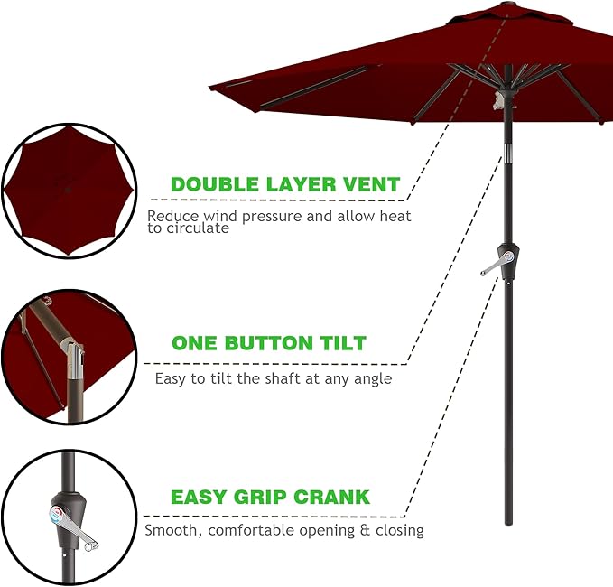 9 FT Patio Umbrella for Outdoor, Outdoor Umbrella with Push Button Tilt and Crank, Outdoor Patio Umbrellas with 8 Sturdy Ribs for Market, Garden, Deck, Backyard, Pool (Burgundy)