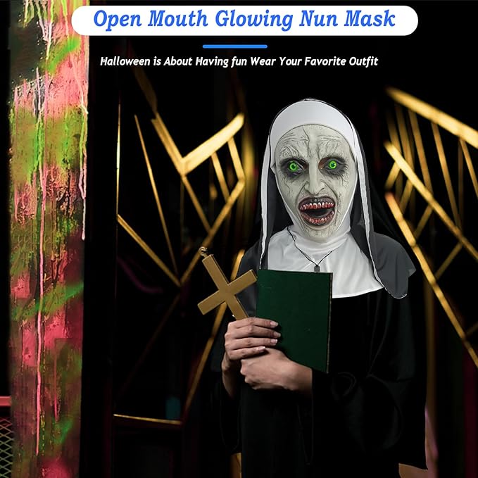 2024 Nun Scary Mask,Halloween Party Scary Full Head Costume Mask with cross necklace