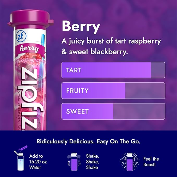 Zipfizz Daily Energy Drink Powder, Berry, 12 Pack | 3-in-1 Sustained Energy, Rapid Hydration, and Essential Vitamins | Sugar-Free | Electrolyte Powder | Contains Vitamin B-12 & Antioxidants