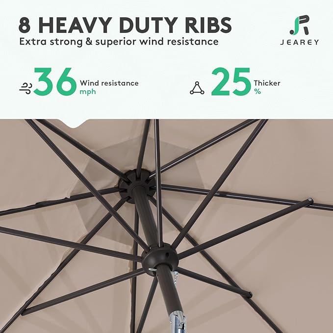 JEAREY 9FT Outdoor Patio Umbrella Outdoor Table Umbrella with Push Button Tilt and Crank, Market Umbrella 8 Sturdy Ribs UV Protection Waterproof for Garden, Deck, Backyard, Pool (Khaki)