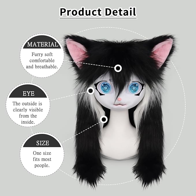JUNBOON Furry Animal Headgear Beast Full Head Mask Headwear Doll Cosplay Costume Halloween Fursuit