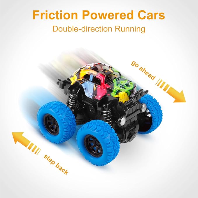 M SANMERSEN Monster Truck Toys for Ages 2-4, Friction Cars for Toddlers 1-3 Push and Go 360° Rotating Stunt Car for 2+ Year Old Boys Girls Gifts (4 Pack - Blue/Green/Red/Yellow)