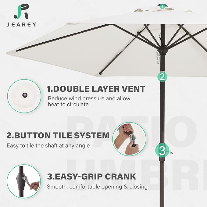 JEAREY 7.5FT Patio Umbrella Market Table Umbrella with 6 Sturdy Ribs, Push Button Tilt/Crank Outdoor Umbrella for Garden, Deck, Backyard, Pool and Beach,Creamy-White