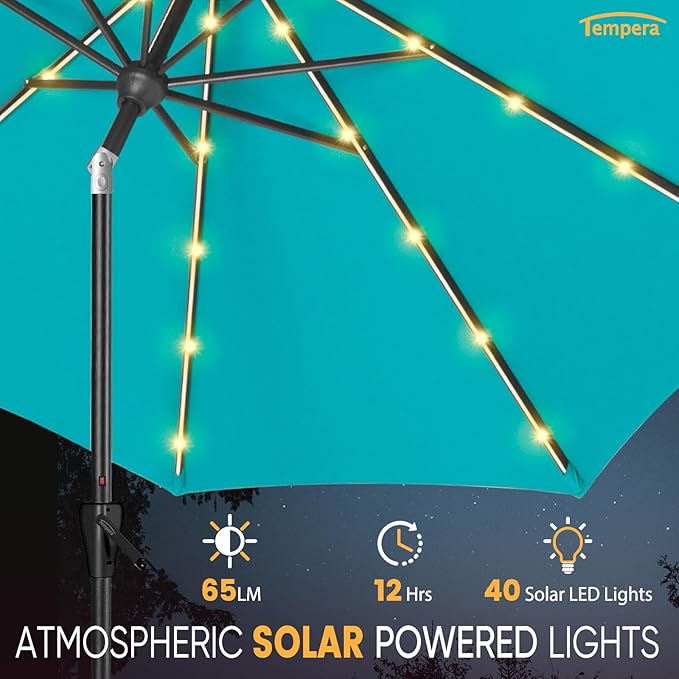 Tempera Solar Patio Umbrella 40 LED Lighted Outdoor Umbrella Table Market Umbrella with Push Button Tilt and Crank, Solar Umbrella with Sturdy Pole&Fade Resistant Canopy, Easy to Set