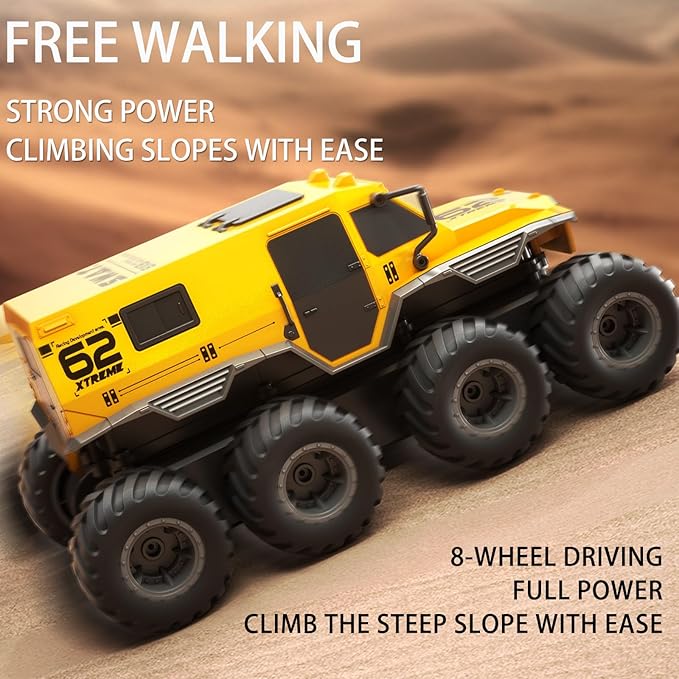 8WD Amphibious Monster Truck, 2.4G Off Road Waterproof 1:12 Big Remote Control Car for Boys, All Terrain RC Cars Toys for 7 8 9 10 11 12 Year Old Boys/Girls, Gift Birthday Christmas-Yellow