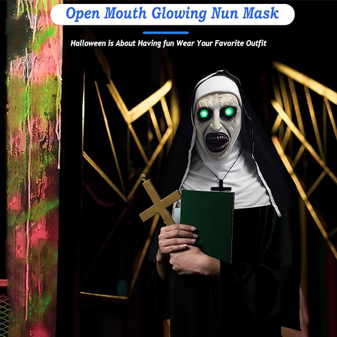 2024 Nun Scary Mask,Halloween Party Scary Full Head Costume Mask with cross necklace