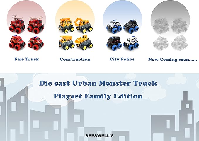 Pull Back Die-cast Alloy City Police Car Vehicles Playset, Monster Truck,Friction Powered Toy Cars,4 Pack,Toys for 3+ Years Old Kids,Christmas/Birthday Gift for Boys & Girls,Party Favors…
