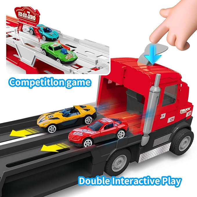 Carrier Truck Race Track Kids Toys, 4.6-FT Foldable Hauler Track Ejection Car Police Trucks Toy and 6 Racing Car with Light&Sounds, Truck Toy Child Xmas Gifts for 3+ Year Old Boys Girls-Red