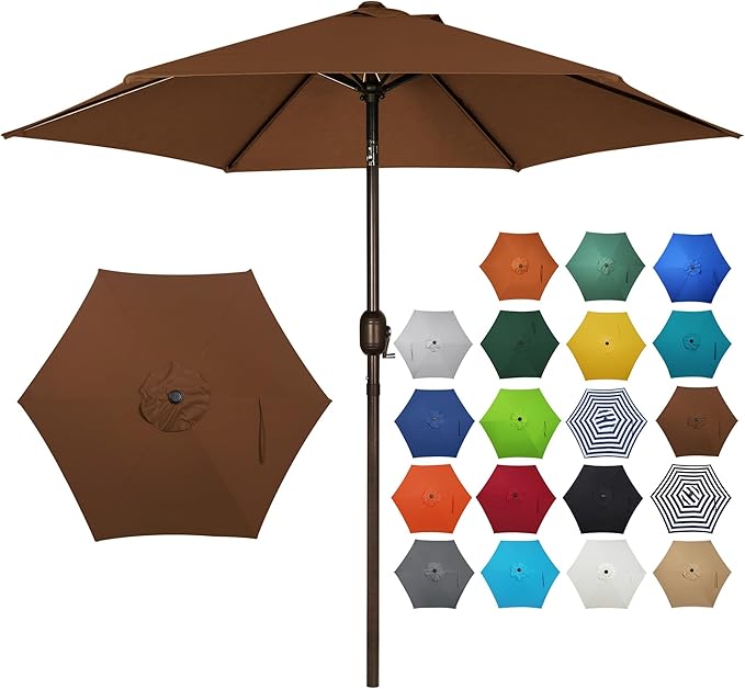 Blissun 7.5 ft Patio Umbrella, Yard Umbrella, Outdoor Market Umbrella with Push Button Tilt Crank, Brown