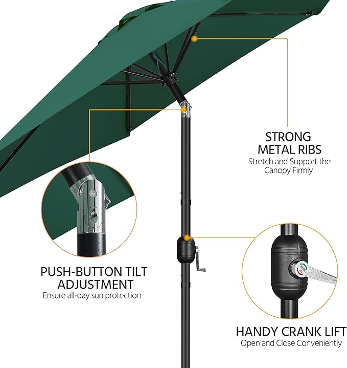 Yaheetech Patio Umbrella, 10FT Outdoor Table Umbrella Market Umbrella with Push Button Tilt and Crank & Sturdy Ribs, Yard Umbrella for Garden, Deck, Backyard, Pool, Dark Green