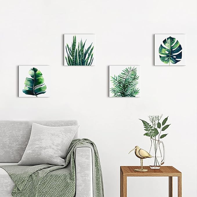 Nature Wall Art Green Plant Wall Decor Tropical Botanical Leaves Pictures Canvas Prints Bedroom Minimalist Boho Sage Monstera Leaf Painting Artwork for Bathroom Living Room Home Decorations 8x8” 4 Pcs