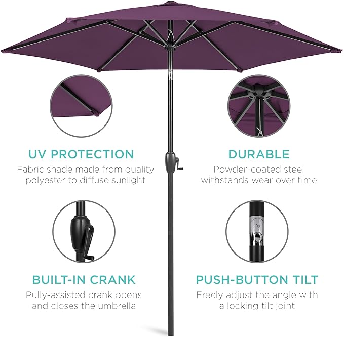Best Choice Products 7.5ft Heavy-Duty Round Outdoor Market Table Patio Umbrella w/Steel Pole, Push Button Tilt, Easy Crank Lift - Amethyst Purple