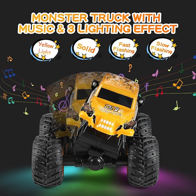 DYODYORC Remote Control Car, 2.4Ghz All Terrain Monster Truck Toys, RC Truck with Music, 3 Lighting Effects, 360 Stunt Capable, All Included Ready to Run, Toy Gifts for Boys and Girls (Yellow)