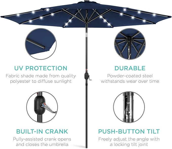 Best Choice Products 10ft Solar Polyester LED Lighted Patio Umbrella w/Tilt Adjustment and UV-Resistant Fabric - Navy Blue