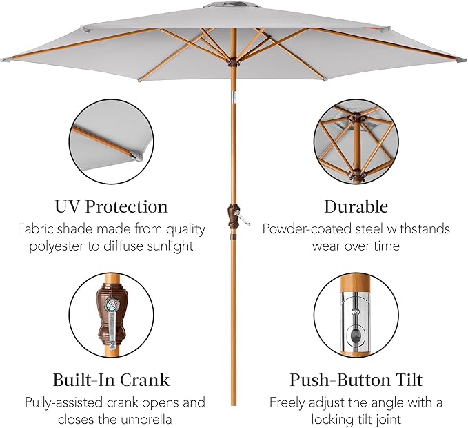Best Choice Products 10ft Market Umbrella, Outdoor Sun Shade for Backyard, Deck, Poolside, Table w/Woodgrain Pattern, Easy Tilt & Crank - Fog Gray