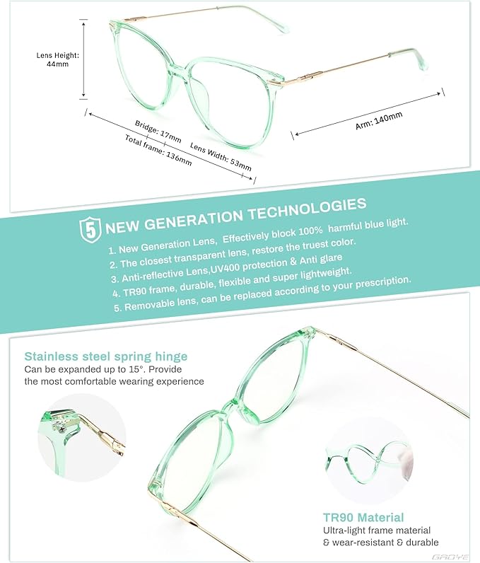 Gaoye Cute Retro Blue-Light Glasses - Mixed Material Frames, Metal Arms, Plastic Nosepads - UV400 Computer Lenses