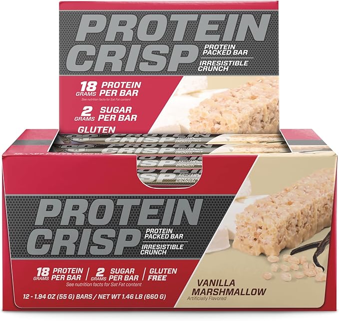 BSN Protein Crisp Bar, Protein Snack Bars, Crunch Bars with Whey Protein and Fiber, Gluten Free, Vanilla Marshmallow, 12 Count (Packaging May Vary)