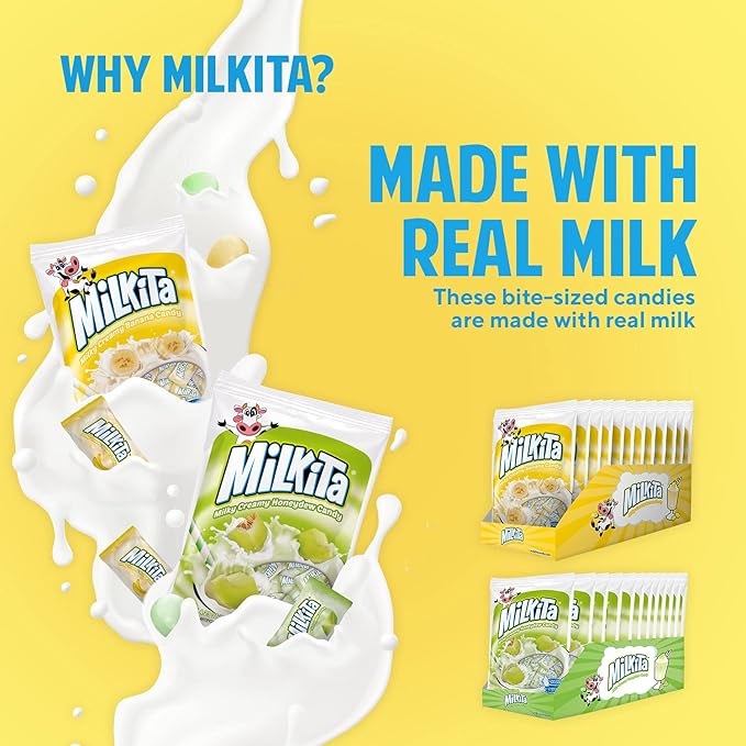 Milkita Creamy Shake Candy Bag, Gluten Free Chewy Candies with Calcium & Real Milk, Zero Trans Fat, Low-Sugar (Banana & Honeydew) 50 Pcs
