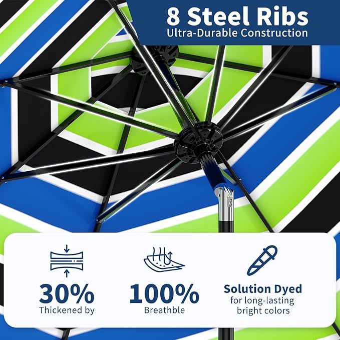 9Ft Patio Umbrella - 8 Sturdy Ribs Outdoor Table Umbrella with Crank Lift & Push Button Tilt - Market Umbrella for Pool, Deck, Yard, Garden - Tricolor Stripe