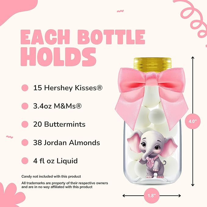 Small 12 Pack Pink Elephant Party Favors - Candy Jars with Ribbons and Stickers - DIY Party Decoration Bottles for Baby Shower, Birthday, Gender Reveal, and Classroom - Girl Table Centerpiece