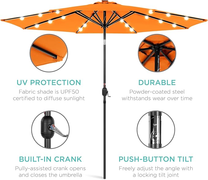 Best Choice Products 10ft Solar Polyester LED Lighted Patio Umbrella w/Tilt Adjustment and UV-Resistant Fabric - Orange
