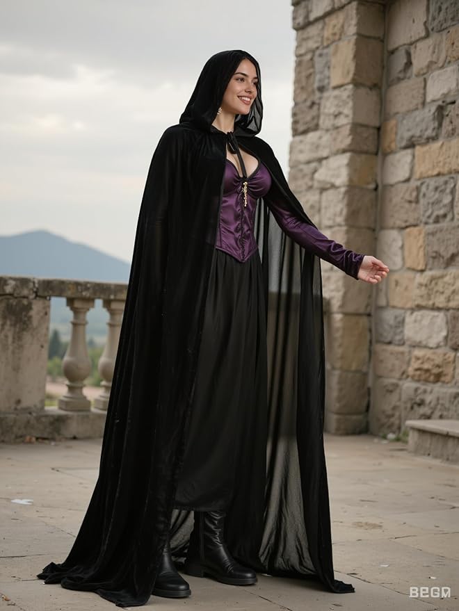 Unisex Adult Black Witch Cape Full Length Hooded Robe Cloak Halloween Dress Up Parties