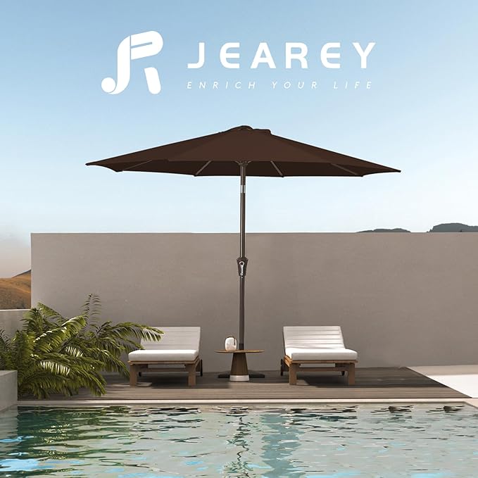 JEAREY 10FT Outdoor Patio Umbrella Outdoor Table Umbrella with Push Button Tilt and Crank, Market Umbrella 8 Sturdy Ribs UV Protection Waterproof for Pool, Garden (Brown)