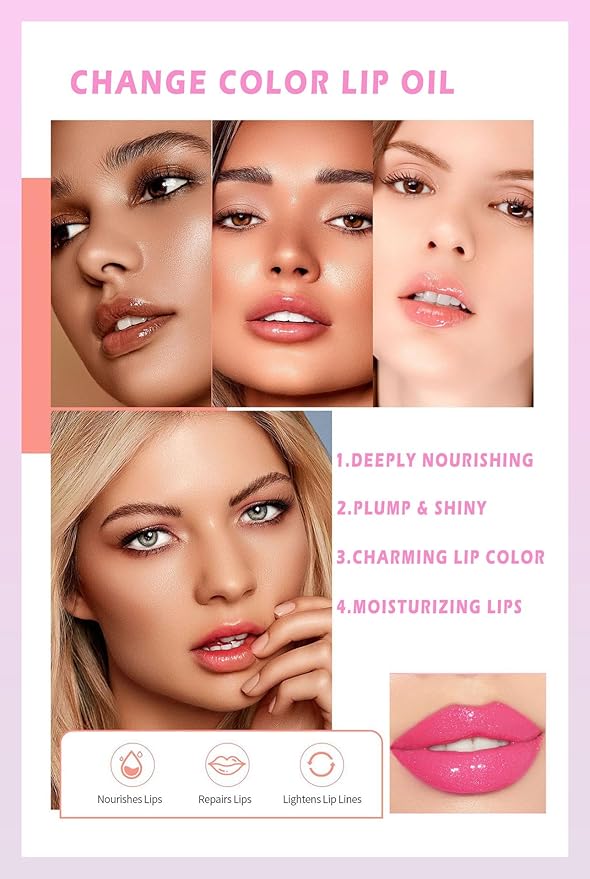 Magic Color Changing Lip Oil, Plumping Moisturizing Lip Gloss Oil, Long Lasting Nourishing Non-sticky Fresh Texture. (Pearlescent)