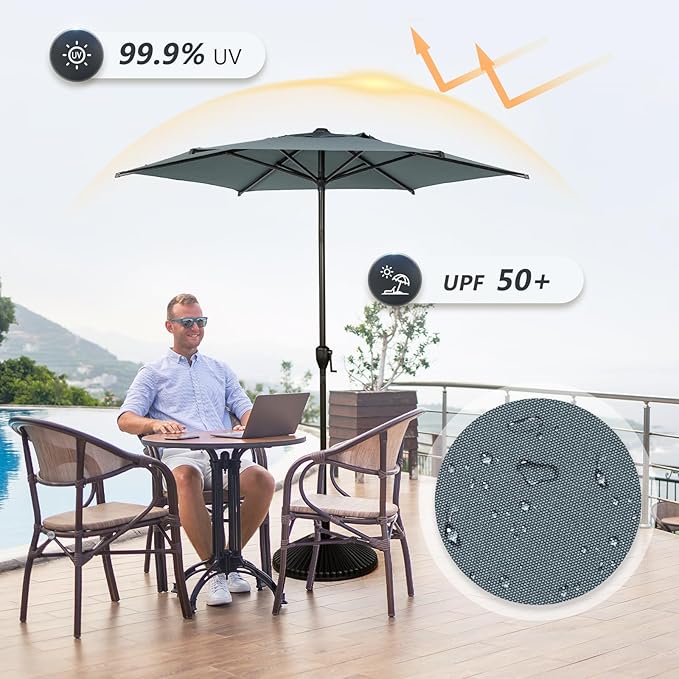 Abba Patio 7.5FT Lyon Outdoor Patio Umbrella Outdoor Table Umbrella with Push Button Tilt and Crank Market Umbrella 6 Sturdy Ribs UV Protection Waterproof for Garden Deck Backyard Pool Grey