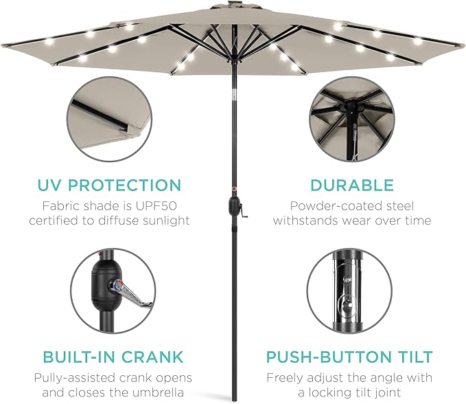 Best Choice Products 10ft Solar Polyester LED Lighted Patio Umbrella w/Tilt Adjustment and UV-Resistant Fabric - Beige