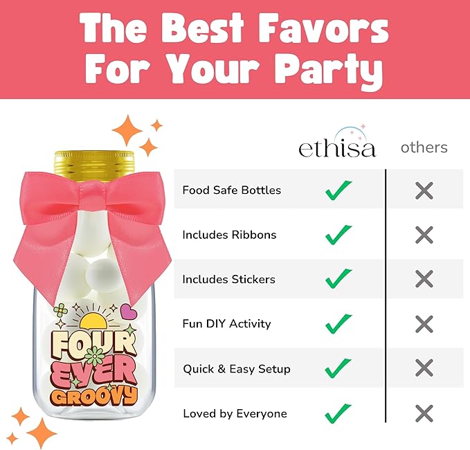 Small 12 Pack Four Ever Groovy Party Favors - DIY Candy Jars with Ribbons and Stickers - Funky Party Decoration Bottles for 4th Birthday Bash for Boy or Girl - Retro Hippie Table Centerpiece