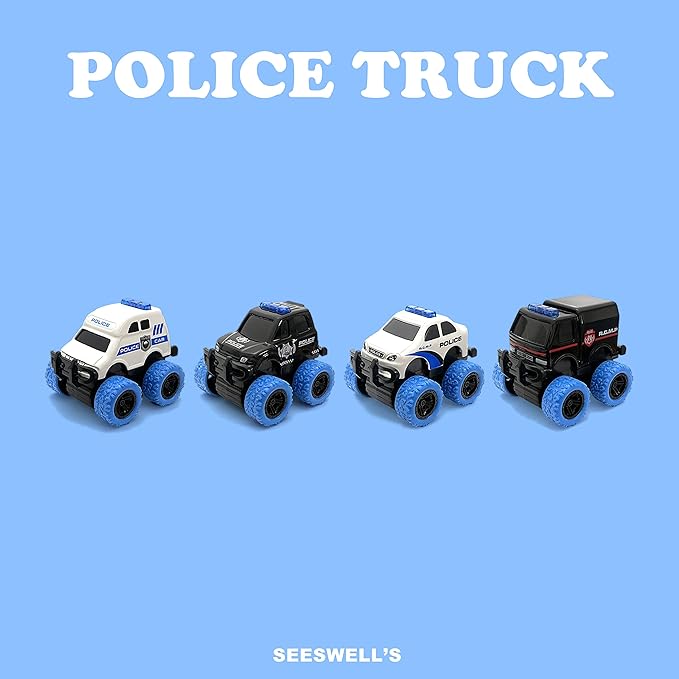 Pull Back Die-cast Alloy City Police Car Vehicles Playset, Monster Truck,Friction Powered Toy Cars,4 Pack,Toys for 3+ Years Old Kids,Christmas/Birthday Gift for Boys & Girls,Party Favors…