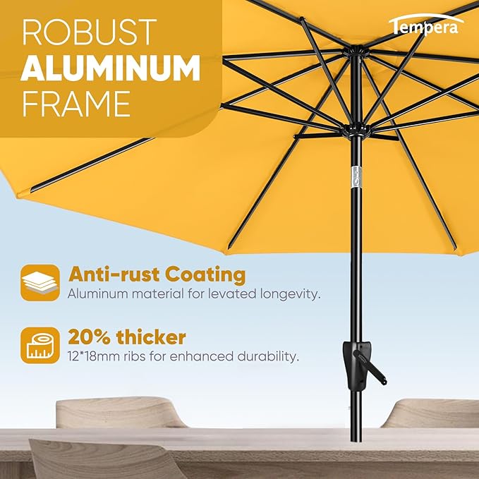 Tempera Patio Market Outdoor Table Umbrella with Push Button Tilt and Crank,Large Sun Umbrella with Sturdy Pole&Fade resistant canopy,Easy to set