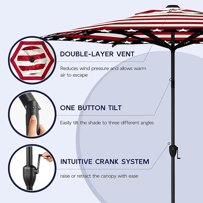 Abba Patio 9FT Lyon Outdoor Patio Umbrella Outdoor Table Umbrella with Push Button Tilt and Crank Market Umbrella 6 Sturdy Ribs UV Protection Waterproof for Garden Deck Backyard Pool, Star-Spangled