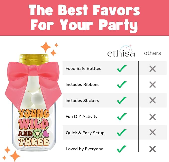 Small 12 Pack Young Wild and Three Party Favors - DIY Candy Jars with Ribbons and Stickers - Funky Groovy Party Decoration Bottles for 3rd Birthday for Boy or Girl - Retro Table Centerpieces