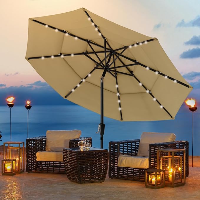 ABCCANOPY Solar Led Patio Umbrellas 3-Tiers 11FT (Khaki)