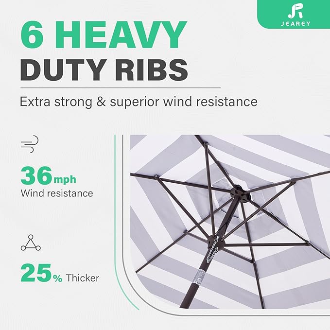 JEAREY 7.5FT Patio Umbrella Market Table Umbrella with 6 Sturdy Ribs, Push Button Tilt/Crank Outdoor Umbrella for Garden, Deck, Backyard, Pool and Beach,Black-White Stripe