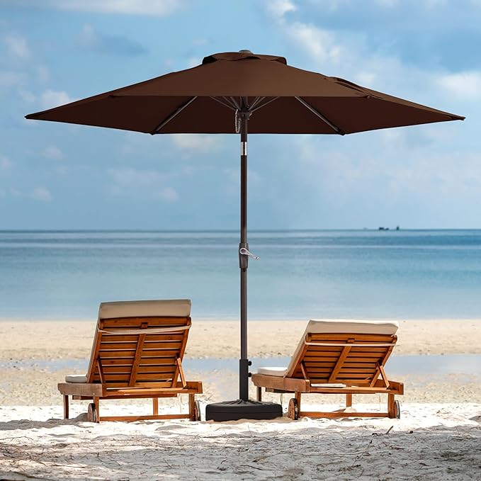 JEAREY 7.5FT Patio Umbrella Market Table Umbrella with 6 Sturdy Ribs, Push Button Tilt/Crank Outdoor Umbrella for Garden, Deck, Backyard, Pool and Beach,Brown