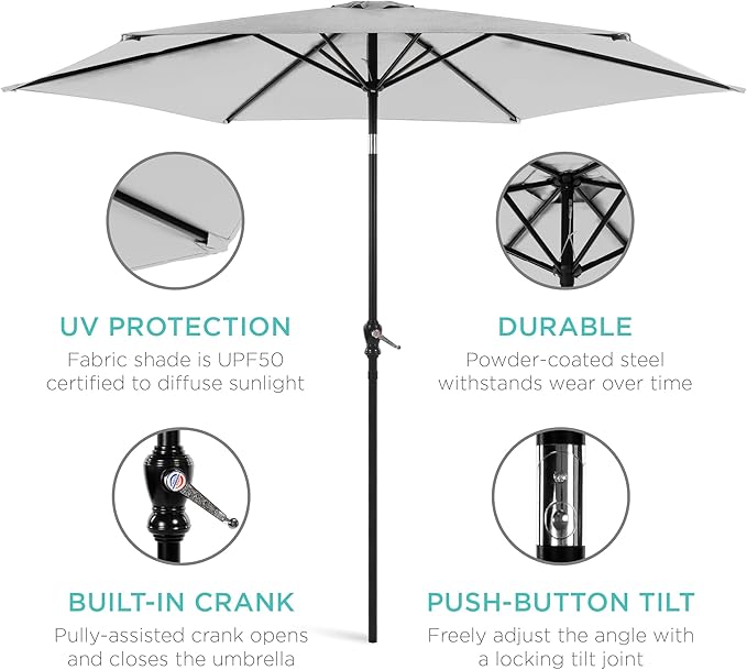 Best Choice Products 10ft Outdoor Steel Polyester Market Patio Umbrella w/Crank, Easy Push Button, Tilt, Table Compatible - Fog Gray
