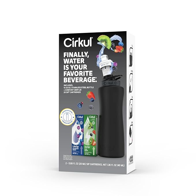 Cirkul 32oz. Matte Black Stainless Steel Water Bottle Starter Kit with Black Lid and 2 Flavor Cartridges (1 LifeSip Blueberry Grape, 1 GoSip Kiwi Berry) Zero Calories and No Sugar