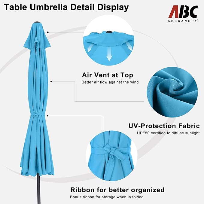 ABCCANOPY Patio Umbrella 10ft - Outdoor Table Umbrella with Push Button Tilt and Crank, 8 Ribs Umbrella for Patio Pool Garden Deck (Turquoise)