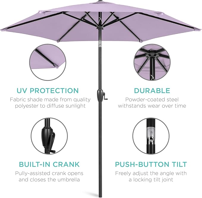 Best Choice Products 7.5ft Heavy-Duty Round Outdoor Market Table Patio Umbrella w/Steel Pole, Push Button Tilt, Easy Crank Lift - Lavender